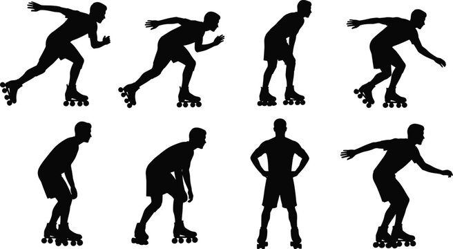 Professional inline skating silhouette set featuring male athlete in various action poses including sprinting cruising and balancing for sports fitness and outdoor recreation design.