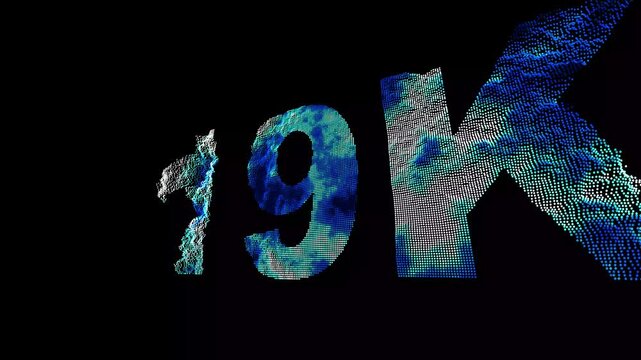 18k to 19k text digital particle explosive animation with blue and white dots on black background for data visualization and infographic