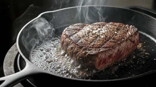 Beef steak searing in a hot cast iron skillet with steam.