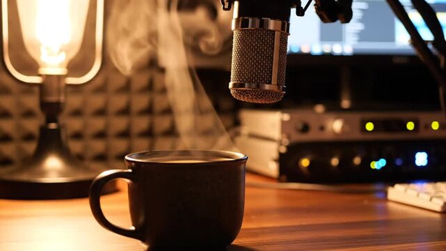 Cozy podcast studio with a microphone, warm lamp, coffee mug, foam panels, and gear setup for vocal