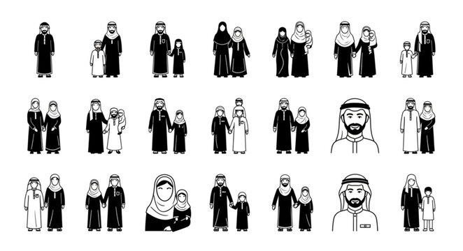 Arab family in traditional attire, black and white illustration.