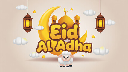 Fototapeta premium Eid al adha celebration with a cartoon sheep and mosque in the background with lanterns and clouds on a beige background