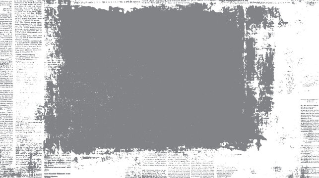 Distressed grey square overlay on vintage newspaper text with torn edges
