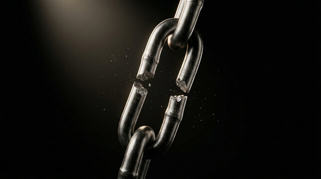 Dramatic close-up of a broken metal chain with snapped links on a dark background symbolizing freedom, strength, and resilience.
