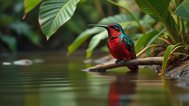 Colorful Hummingbird Perched on Branch Over Calm Water in Tropical Forest