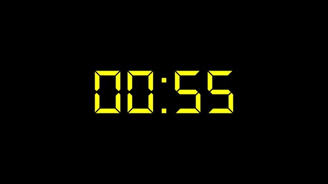 Digital Countdown Clock 60 to 0 Seconds with Yellow LED Display on Black Background