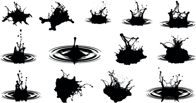 Collection of black ink splashes and drops isolated on white background various shapes with ink splash with paint splash with splash effect with ink drop with ink blot with paint splatter