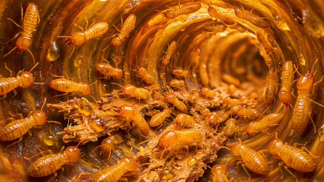 A fascinating, detailed close-up reveals a bustling colony of light brown subterranean termites, actively consuming and destroying wood inside their intricate, moist mud tunnel, showcasing their