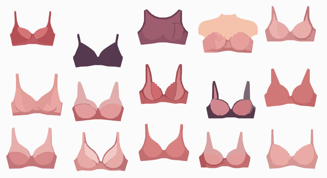 Detailed flat women bra icon set with lingerie styles, push up, sports, and everyday bras