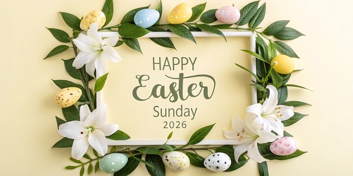 Happy easter sunday 2024 floral border with eggs and lilies with flat lay