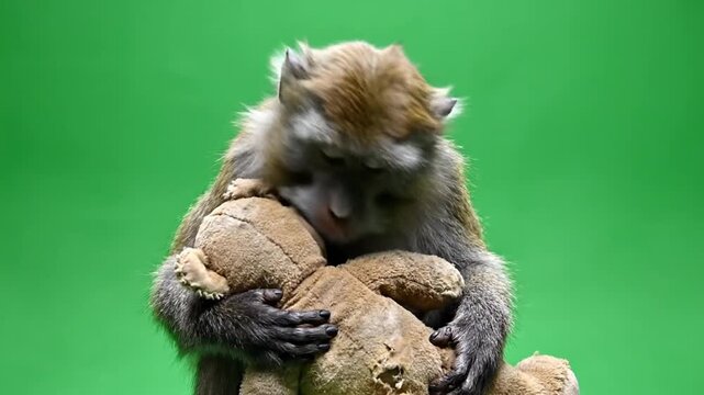 Monkey holding a teddy bear on green screen