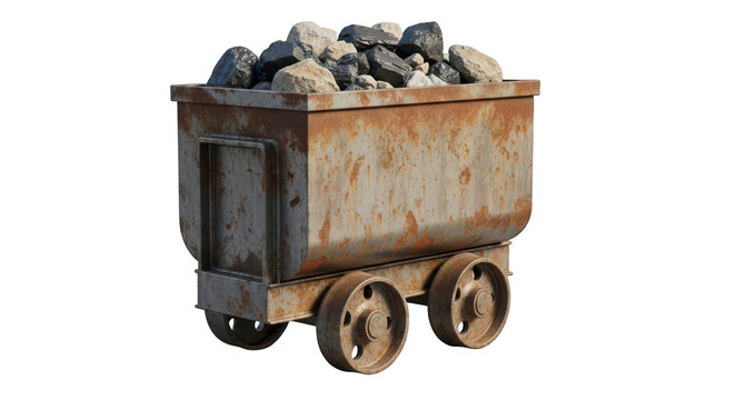 A rusty mine cart filled with coal rocks