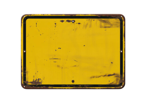 Yellow metal sign with rusty surface weathered isolated on a transparent background