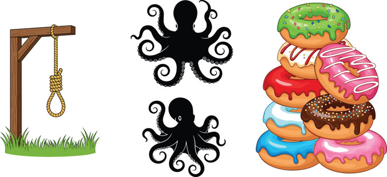 Vector illustration set with wooden gallows and hanging rope, octopus silhouettes, and colorful glazed donuts dessert stack collection