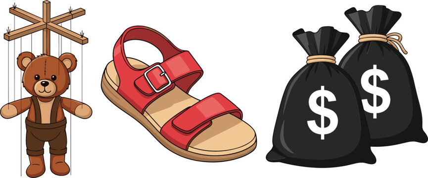 Vector illustration set with wooden puppet teddy bear toy, red summer sandal footwear, and money bags with dollar symbol isolated icons
