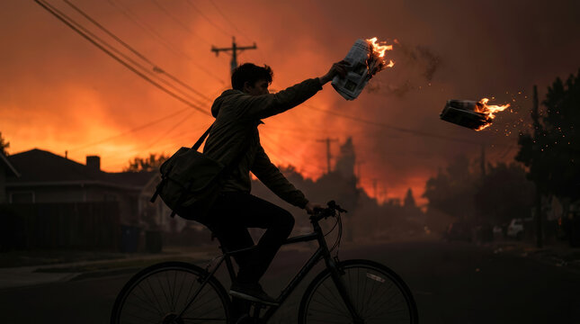 Silhouette of Paperboy with Burning Newspapers in Wildfire Sunset