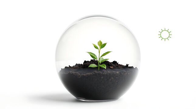 Green houseplant in pot and glass container isolated on white background