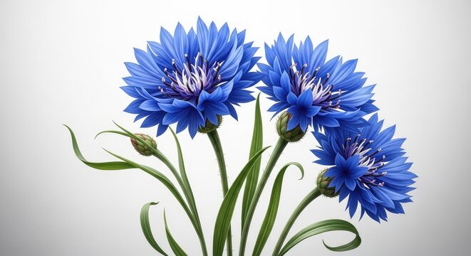 Vibrant blue cornflowers with green stems against a light grey background