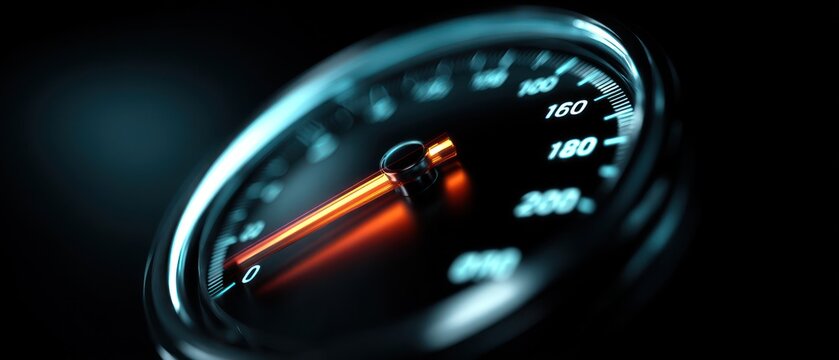 Close up of a speedometer dial showing acceleration and speed on a dark background