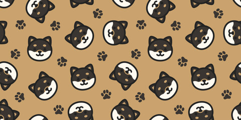 かわいい柴犬と犬の足跡のシームレス背景画像。（Seamless background image of cute Shiba Inu and dog footprints.）  © ochikosan