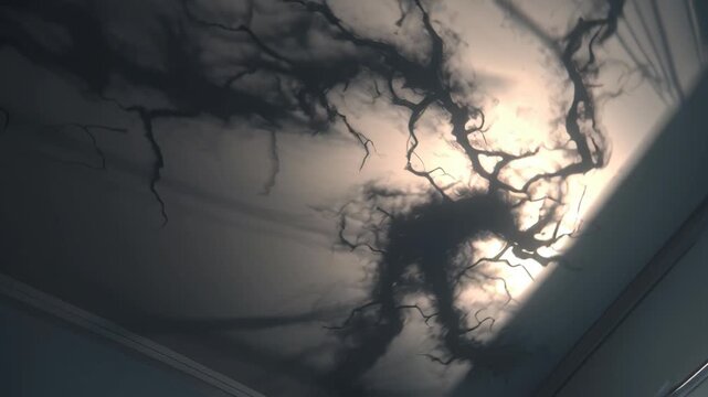 Silhouette of a Monster on Bedroom Ceiling with Dark Shadows and Dramatic Lighting for Halloween Decor