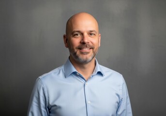 Fototapeta premium Smiling bald man in blue shirt studio portrait against gray textured background with middle aged