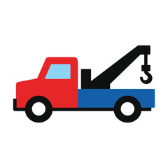 Naklejka premium Colorful flat icon of a red and blue tow truck with a crane and hook for roadside assistance