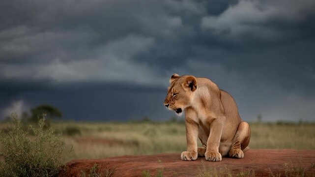 Wild Lion Roaring On Sunlit Savannah Timelapse.