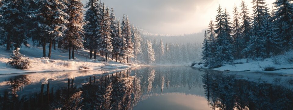 Winter landscape scene with snowy trees reflecting in a tranquil lake
