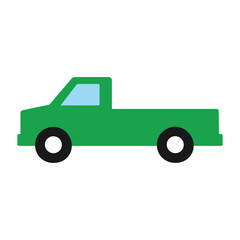 Fototapeta premium Simple green pickup truck icon with black wheels and blue window isolated on white background.