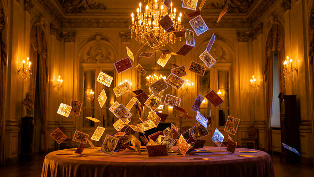 A vibrant explosion of intricately designed, golden-edged playing cards, each shimmering with mystical symbols and rich colors, spectacularly levitate and gracefully scatter above a mysterious,