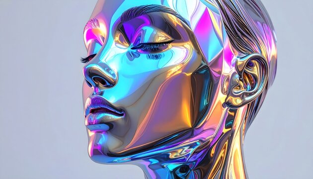 A metallic, iridescent head of a person, with closed eyes, in a contemplative pose