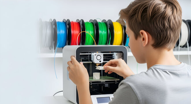 Teen Boy Engaged in 3D Printing Activity with Colorful Filament Spools in a Modern Workspace