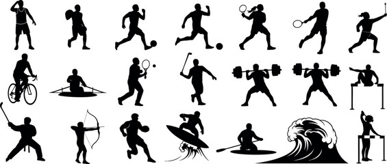 Obraz premium A collection of black silhouettes depicting various sports and fitness activities on a white background