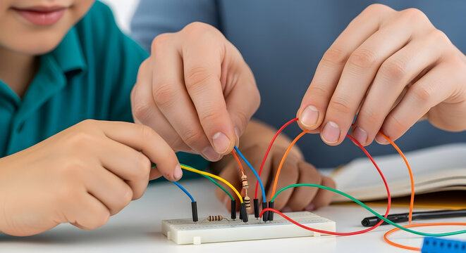 Hands of Child and Adult Collaborating on Electronic Circuit Project with Colorful Wires on Table in Educational Learning Environment