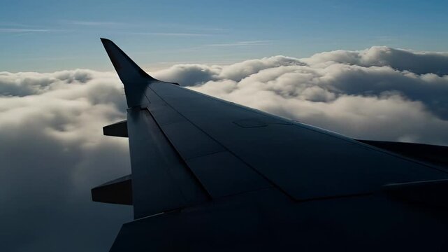 Airplane wing above clouds aerial view through window during daylight