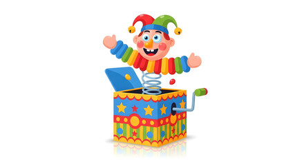 Obraz premium A brightly colored Jack-in-the-Box toy, with a cheerful clown emerging from a patterned box, ready to surprise and delight, perfect for children's entertainment and playful themes