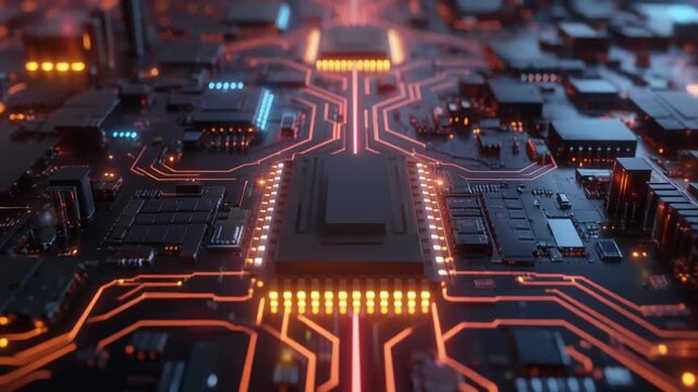 Vibrant Neon Circuit Board Close Up Video.