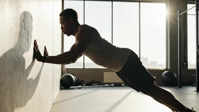 Fit young athletic man performing wall pushups in a sunlit modern gym