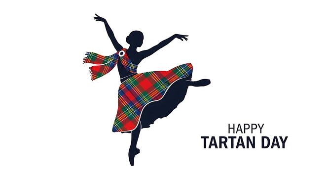 Scottish highland dancer silhouette with red and green plaid kilt, Happy Tartan Day celebration graphic, traditional celtic dance performer on white background
