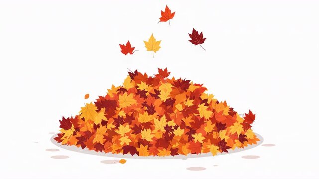 白背景に色とりどりの落ち葉がふわりと舞う秋の山を整然と描く