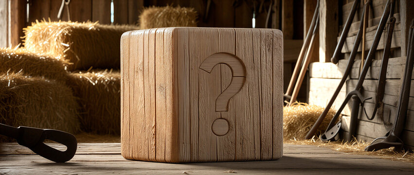 Wooden block with question mark in a rustic barn setting