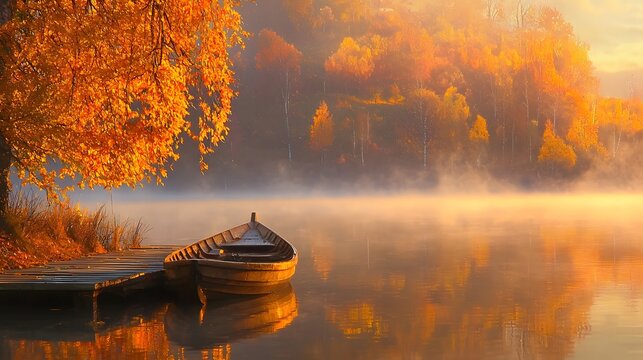 Serene Autumn Morning at Tranquil Lake with Colorful Foliage Reflections