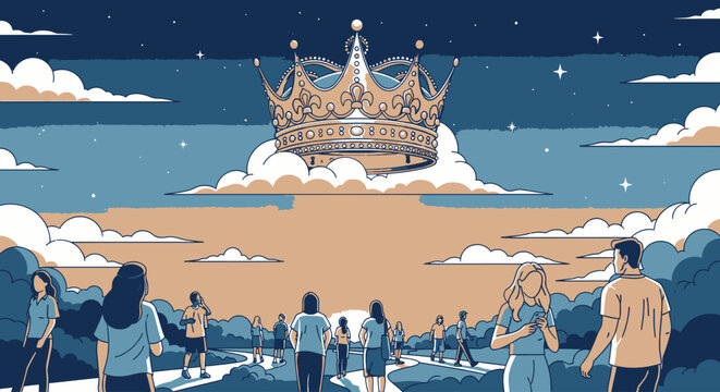 People looking up at crown floating.