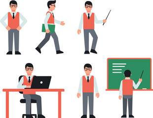 Fototapeta premium Teacher Vector Set with Male Educator Teaching, Working on Laptop and Classroom Activities for School, Education and Academic Illustration Design