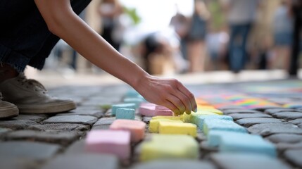 Obraz premium Person carefully placing colorful chalk cubes on cobblestone pavement