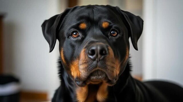 A close-up portrait of a large black and brown dog with a serious expression