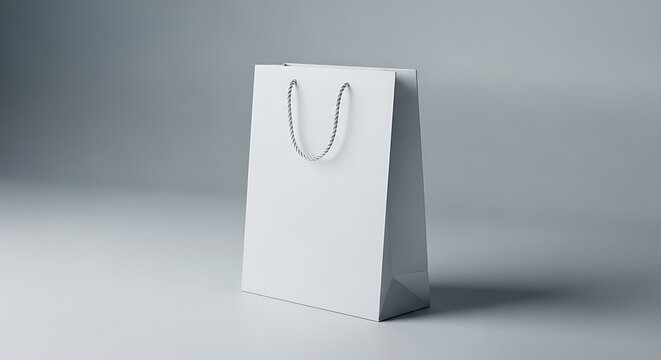 Minimalist white paper shopping bag mockup, blank retail carrier bag with handles, clean luxury boutique packaging for brand identity design