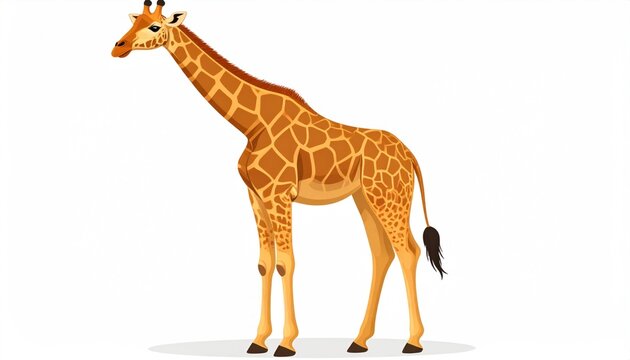 A tall giraffe illustration, standing upright, with a spotted coat on white background