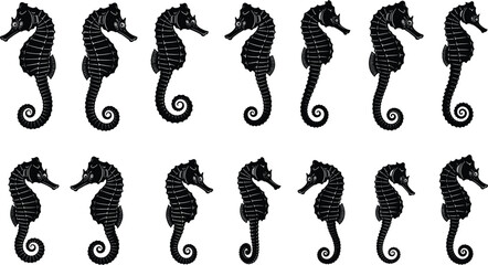 Black seahorse silhouette pattern, marine life illustration, ocean animal vector, aquatic design background, underwater sea creature art, seamless decorative print © Ideasy Mind